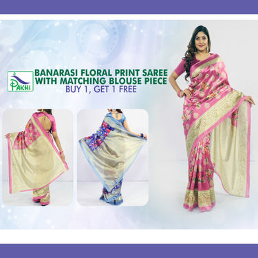 Banarasi Floral Print Silk Saree with Matching Blouse Piece - Buy 1 Get 1 (2AS5)