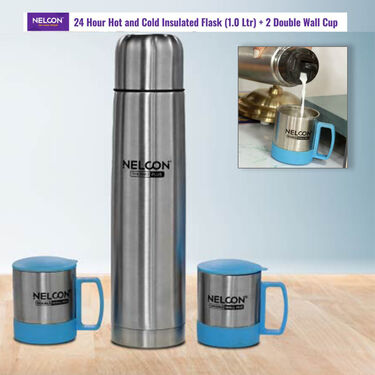 24 Hours Hot or Cold Insulated Flask (1.0 Ltr) + 2 Double Wall Cup with Lid