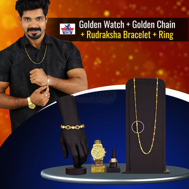 Golden Watch + Golden Chain +  Rudraksha Bracelet + Ring  (MGWCBR18)