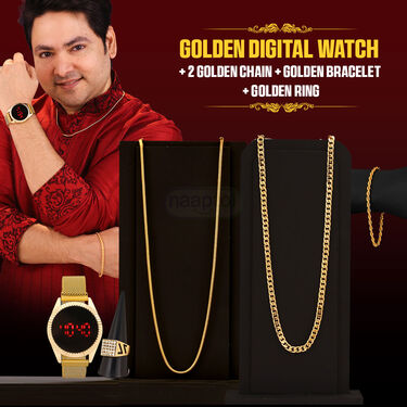 Golden Digital Watch + 2 Chain + Bracelet + Ring (MGW2CBR8)