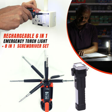 Rechargeable 6 in 1 Emergency Torch Light + 8 in 1 Screwdriver Set (L17)