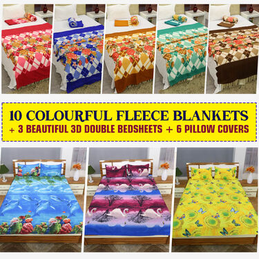 Pack of 10 Fleece Blankets with 3 Double Bedsheets Set (10FB3BS1)