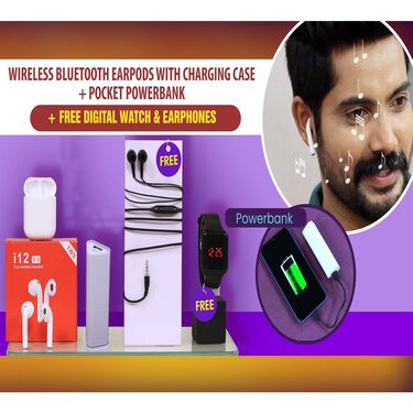 Wireless Bluetooth Earpod with Charging Case + Pocket Powerbank + Free Digital Watch & Earphones (WBP1)